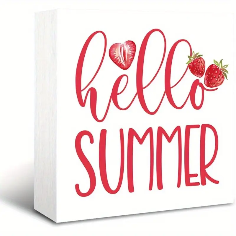 Rustic Hello Summer Strawberry Wooden Box Sign, Rustic Design Farmhouse Summer Strawberry Tiered Tray Decor, Home Tabletop Bookshelf Bathroom Decor, 5 x 5 Inches
