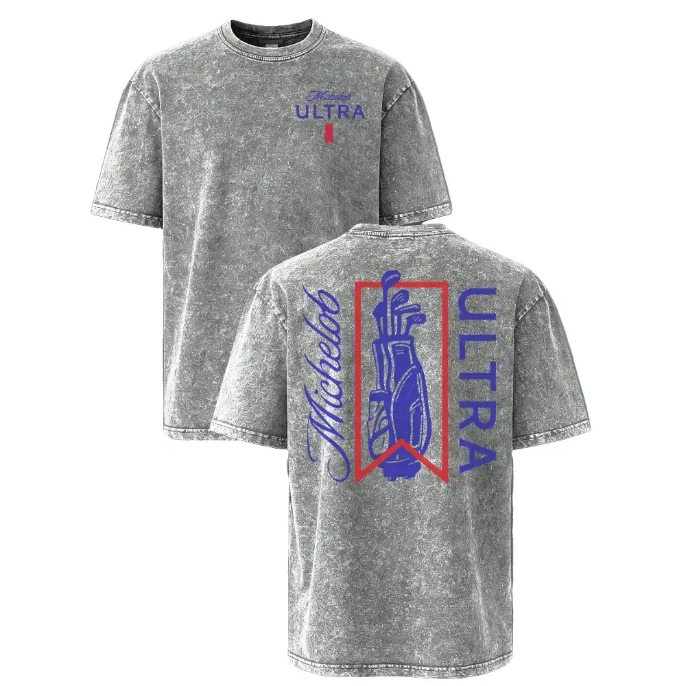 Men's Oversized Graphic T-Shirt with Golf Print, Vintage Washed 100% Cotton, Classic Short Sleeve Stylish Menswear, Prints, Basic, Garments, Round Neck, Fabric