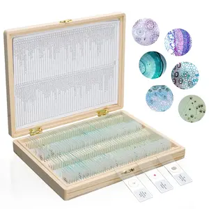 100PCS Microscope Slides with Specimens Prepared Slides Set with Wooden Box Dim.75mmx25mm, Ground Edges, 45° Safety Corners for Kids Adults