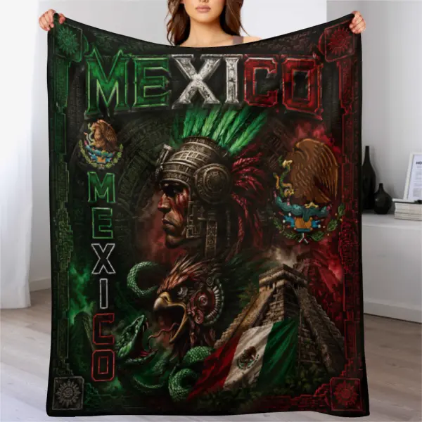 Mexican Aztec Warrior 3D All Over Print Fleece Blanket, Mexico Eagle & Snake Graphic Throw Blanket, Vintage Tribal Warrior Design Soft Cozy Blanket for Sofa Bed Couch, Patriotic Cinco de Mayo Gift for Men Women