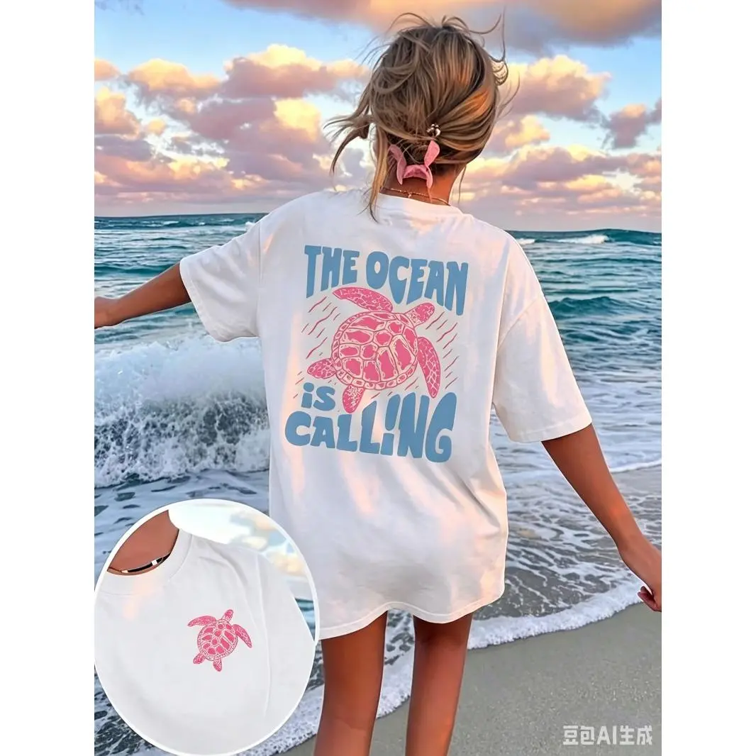 Sea Turtle The Ocean Is Calling Print Oversized T Shirt For Women Summer Casual Loose Fit Short Sleeve Tops Comfortable Beach Vacation Daily Wear Aesthetic Streetwear