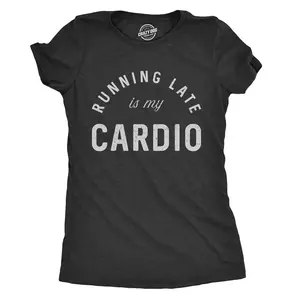 Womens Running Late Is My Cardio T shirt Funny Fitness Workout Sarcastic Gym Tee Funny Womens T Shirts Cute Vintage Fashion Casual Ladies T-Shirt Gift Sarcastic Tops for Women Funny Fitness Top Women's Novelty Black