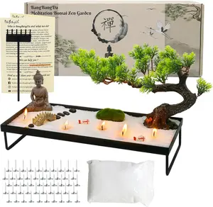 Zen Garden Kit for Desk - Pine Zen Dual Sand Garden(with 50pcs Wicks) Japanese Decor Zen Gift Set for Home, Office Desktop 11x8in Sand Tray Therapy Kit Zen Meditation Accessories
