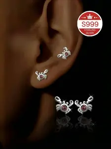 999 silver women's fashionable earrings, cute little crab pink earrings, simple style inlaid with synthetic zircon, suitable for daily wear, beach vacation, travel, gift giving