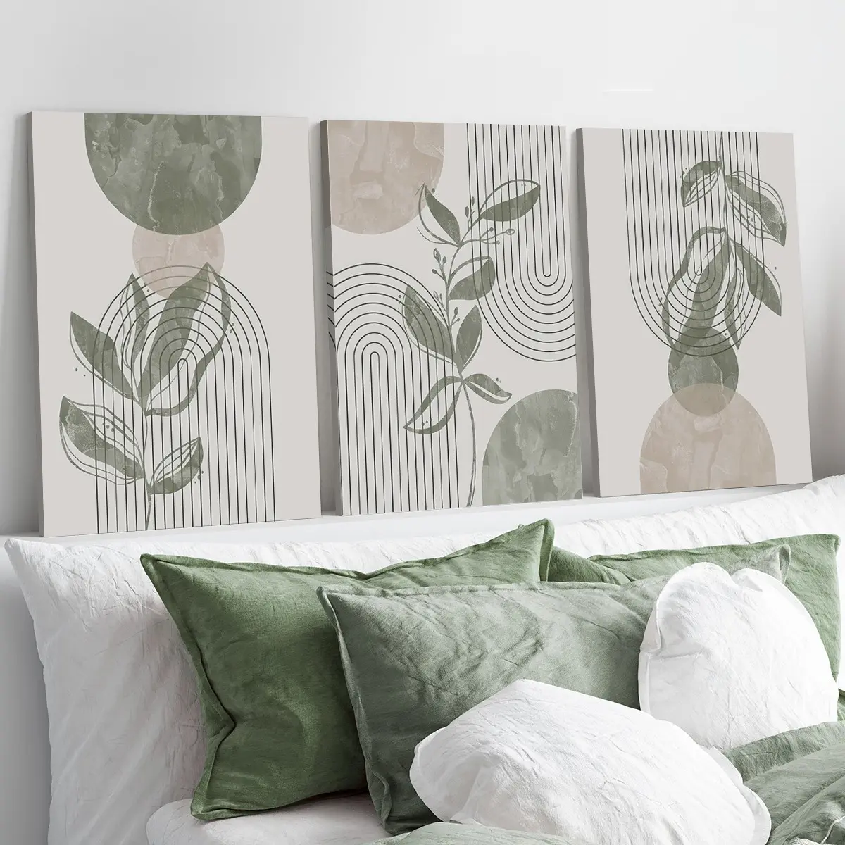3 Counts Wood Framed Canvas Boho Botanical, Artistic Wall Art, Sage Green Wall Decor, Ready To Hang, Waterproof Canvas Wall Art, Artwork Wall Painting For Gift, for Living Room, Bedroom, Dining Room, Corridor, Home And Dormitory Decoration