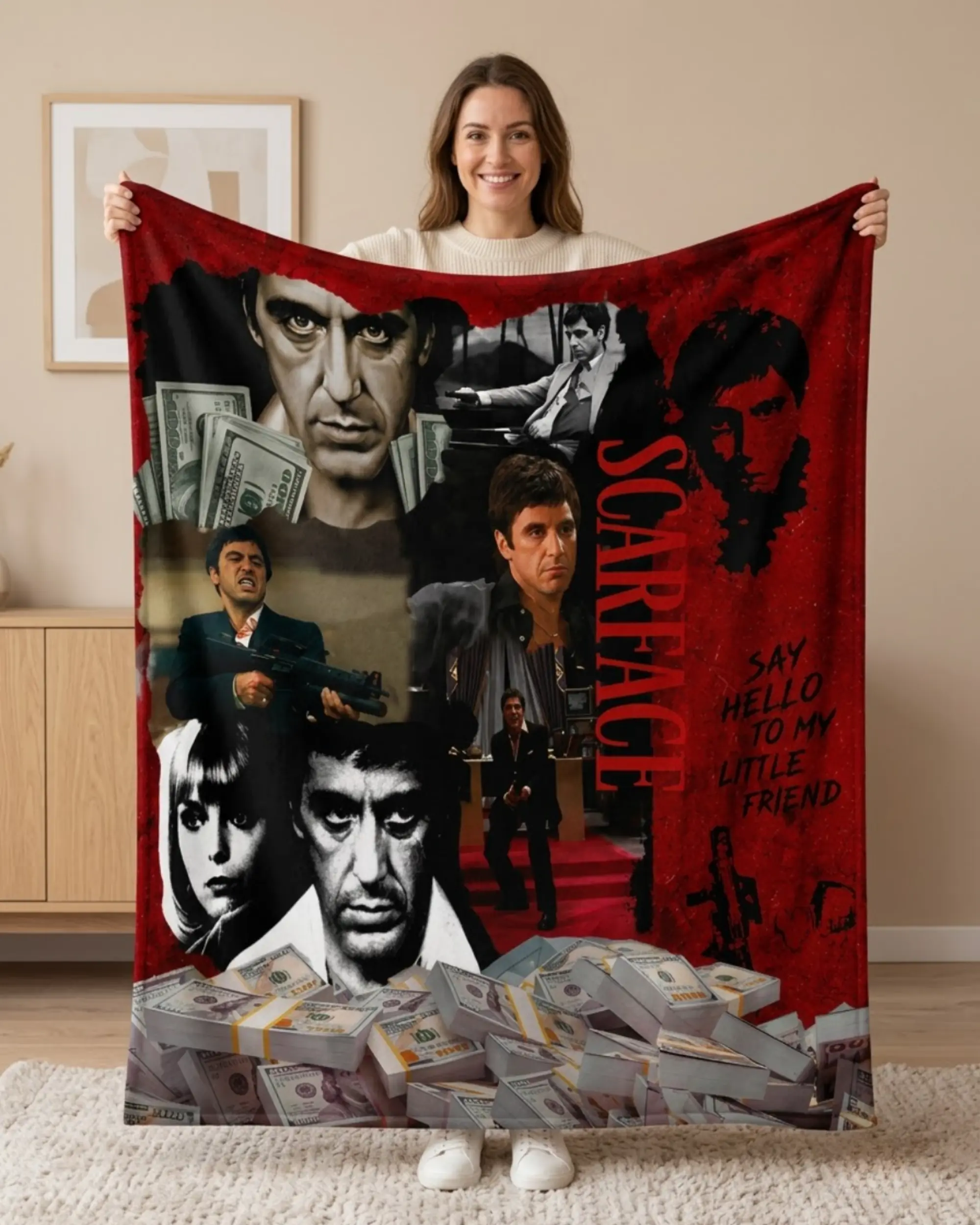 Red Black 1980s Miami Crime Movie Blanket, Money and Gangster Collage Flannel Throw, Retro Cinema Collector Gift, Sofa Bed Decor