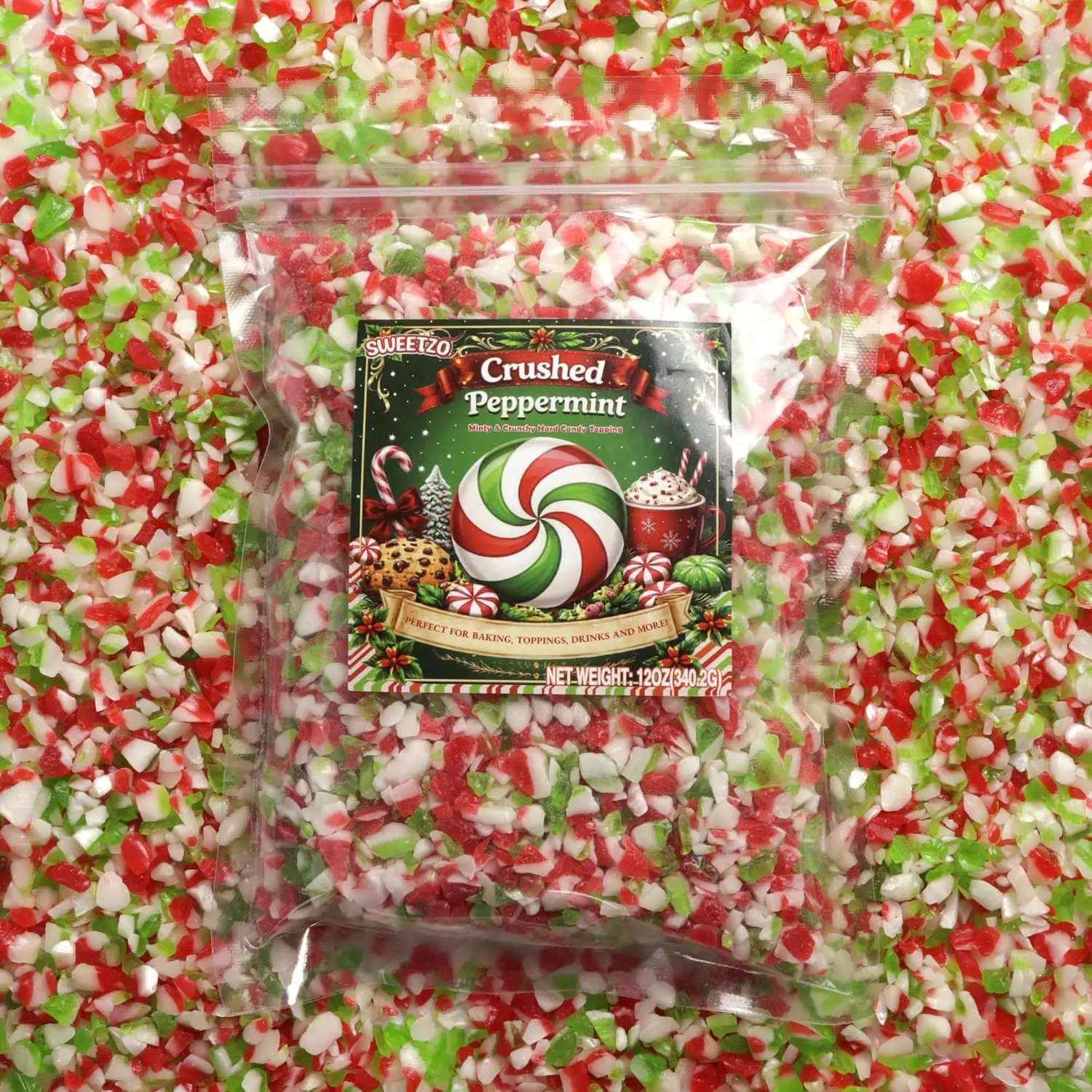 Multicolor Crushed Peppermint Candy Pieces, Red and Green Bits, Classic Minty Flavor, Perfect Dessert and Drink Toppings, Resealable Bag, 12 Ounces
