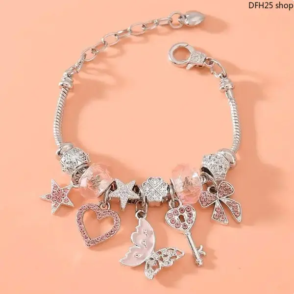 Heart Butterfly Star Pendant Bracelet With Sparkling Non Natural Crystal, May Birthstone Decor, Adjustable Princess Style Jewelry, Elegant Daily Wear Ornament For Women Girls Party Dating Casual Occasions