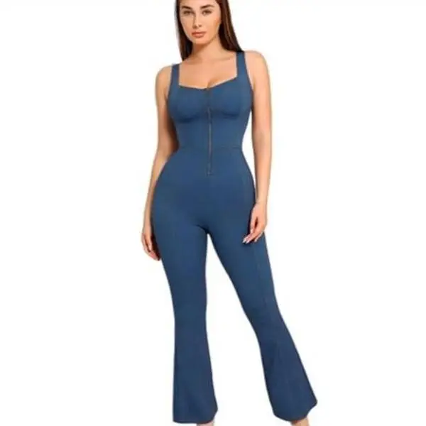 Popilush The Shapewear Denim Square Neck Tank Top Flare Jumpsuits Womenswear Comfortable Fabric-live