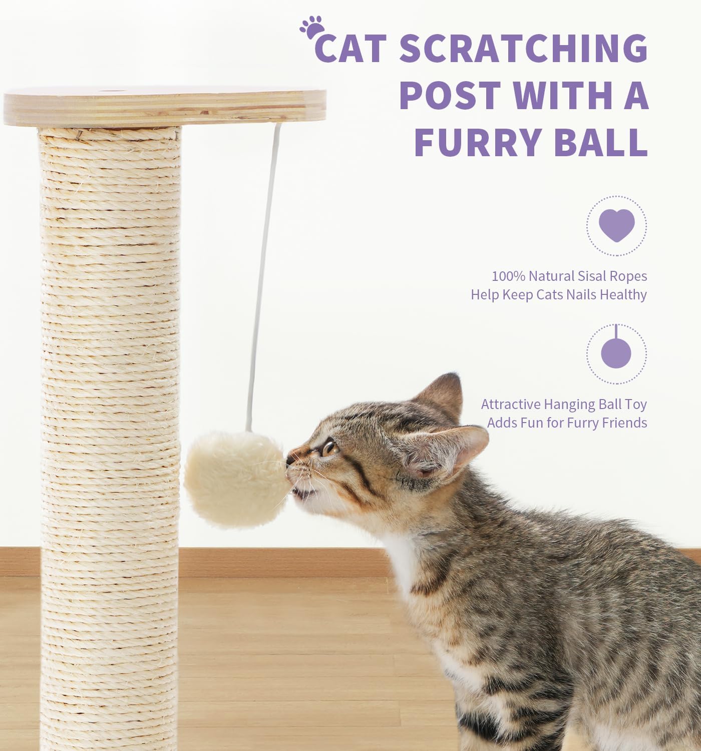 Petlovers Summervibes Wooden Cat Scratching Post with Track Ball Toy, Sisal Cat Climbing Tree for Indoor Cats, Interactive Kitten Scratcher Tower with Hanging Pom-Pom Ball, Cat Activity Center for Kitten Play & Exercise Petlovers Summervibes Wooden Cat Scratching Post with Track Ball Toy, Sisal Cat Climbing Tree for Indoor Cats, Interactive Kitten Scratcher Tower with Hanging Pom-Pom Ball, Cat Activity Center for Kitten Play & Exercise