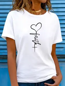 Women's casual crew neck T-shirt with elegant heart and "Love" design - 100% cotton, a stylish choice for spring and summer, Christian fashion | Elegant scripture T-shirt | Applique details, women's T-shirt