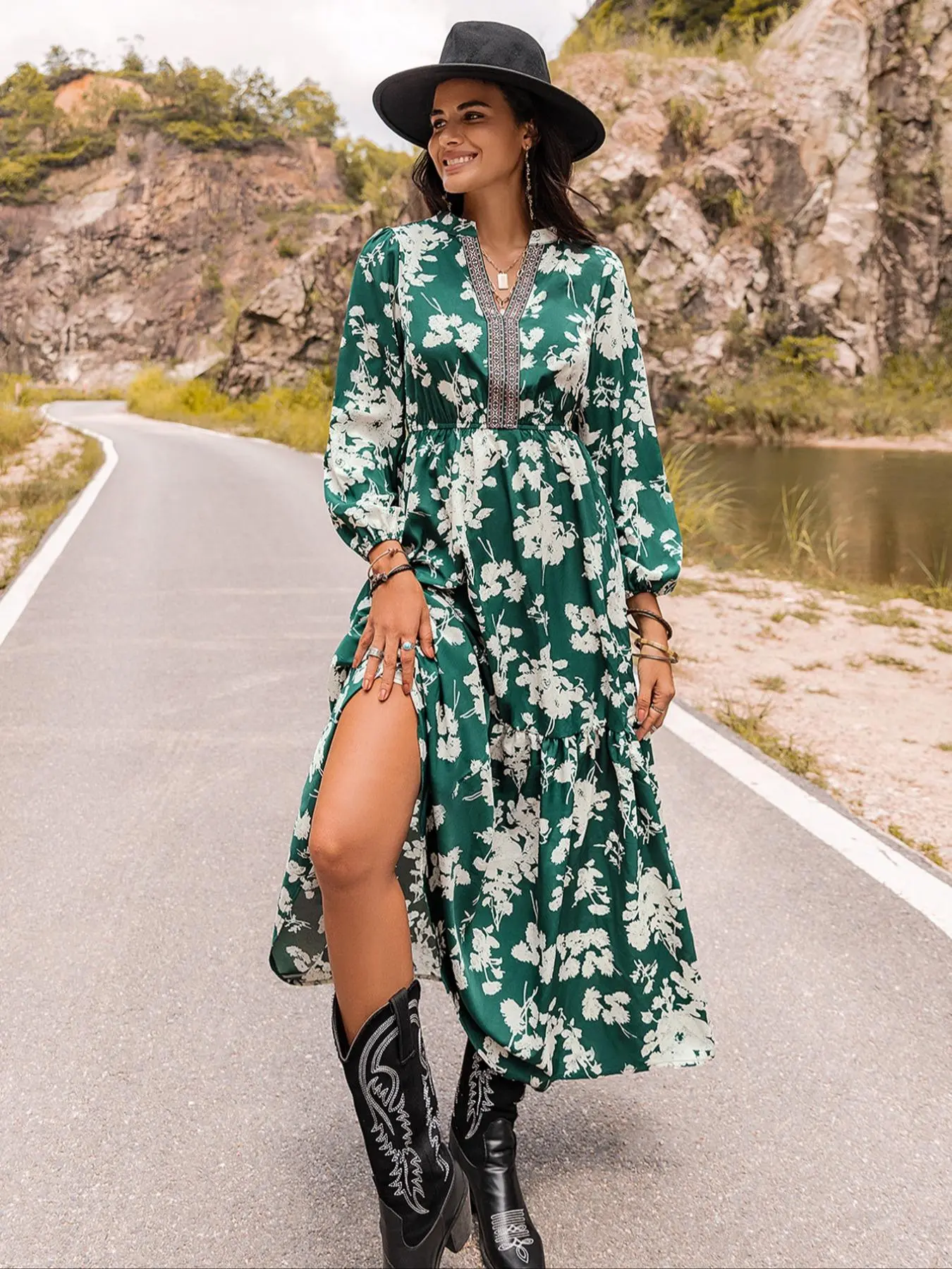 casual womens fall dresses 2024 Wxlwzywl Fall Winter Dresses for Women 2024 Women's Fall Dress Long Sleeve Maxi Dress 2024 Trendy Plus Size V-Neck Holiday Casual Floral Printed Split