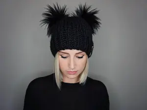 The Double Pom Beanie in Black- knit hat, trendy, handmade