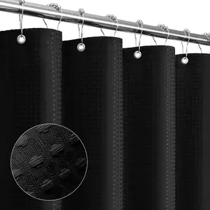 Black Shower Curtain, Waffle Weave Textured Fabric, for Bathroom-Soft Cloth, Hotel Spa Luxury, Water Repellent, Machine Washable, 72X72