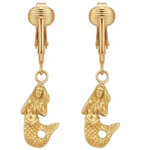 Gold Mermaids Clip On Dangling Earrings