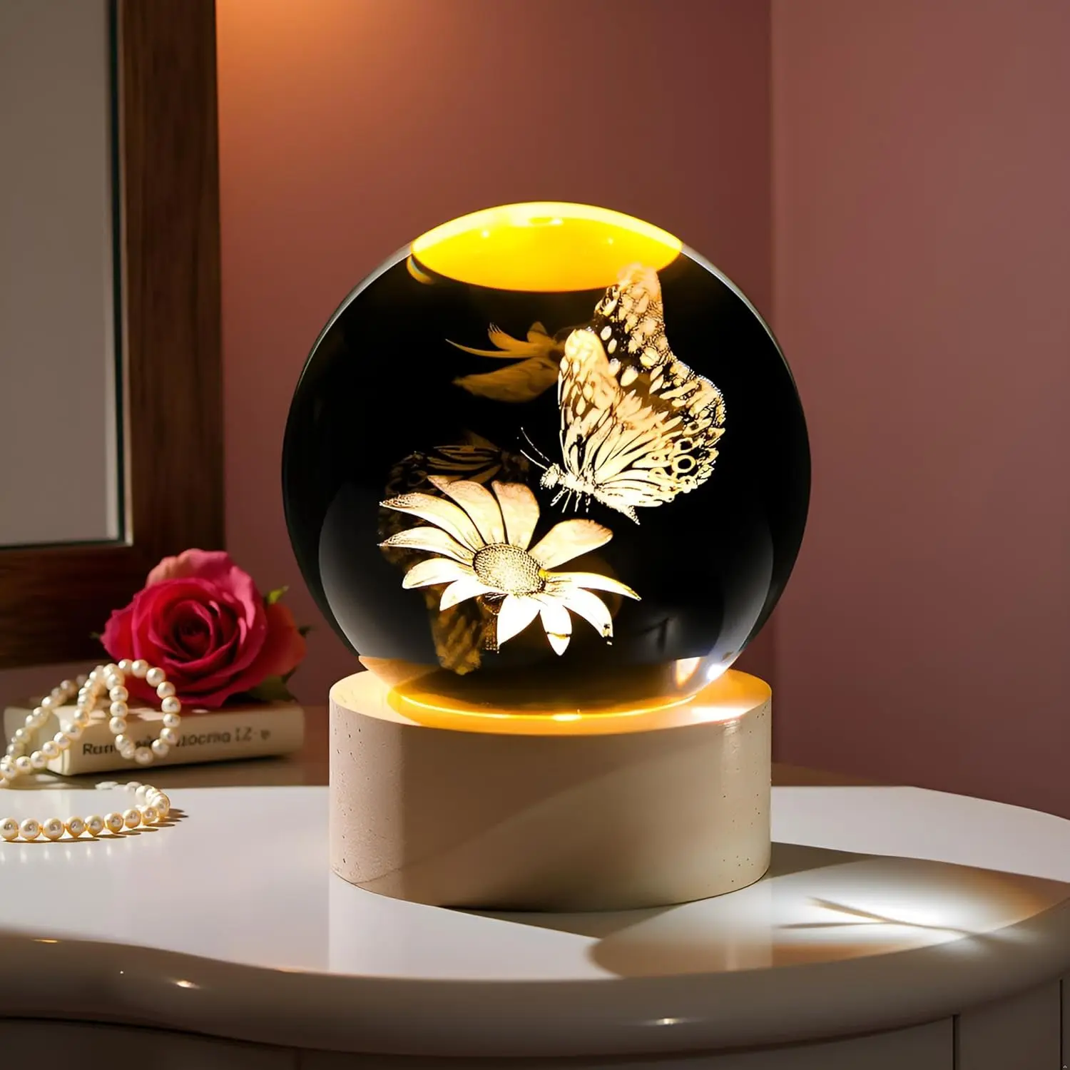 60mm 3D Butterfly Crystal Ball Figurine Night Light - USB Powered, Gift-Ready Home Festive Supply for Women with Distinct Visual & Gentle Lighting Effects