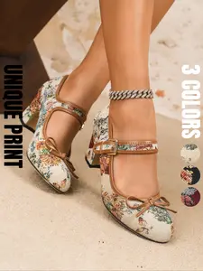 Elegant Women's Mary Jane Retro Heels, Cute Bow Design, Comfortable Strap Closure, Textile Upper Rubber Sole, Perfect for Parties/weddings