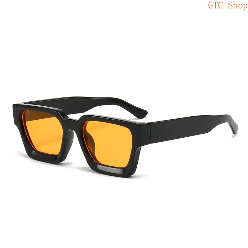 KLASSNUM Unisex Retro Thick Square Sunglasses - UV400 Protection, Large Size PC Frame, AC Lens, Orange Tinted Black Glossy Shades, Anti-Reflective, Leopard Accents, Outdoor Wear, Temples Length 146mm, Total Width 147mm for Men & Women (Driving, Travel)