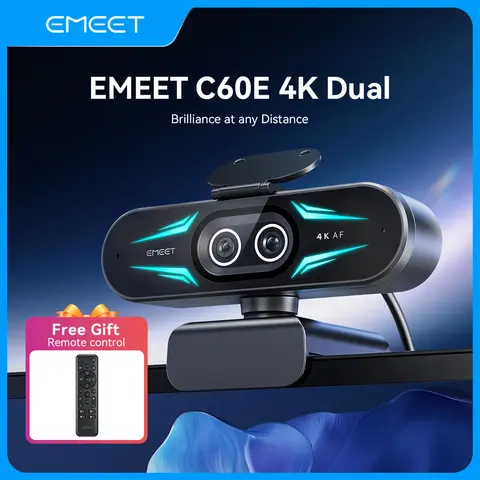 EMEET C60E 4K Dual Autofocus Streaming Camera with Remote, LED Lights, Physical Privacy Cover, USB Microphone, 11x Zoom (3x/5x/7x options; zoom unavailable at 1920x1080@60fps/3840x2160@30fps), Wide Angle, PC Accessory for Streaming, Makeup