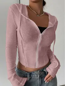 Spring Summer Long Sleeve Knit Sweater Fashion Casual Open Front Top Slim Fit Sporty Womenswear Lady Hoodie Sweatshirts Short Zipper Hooded Pullover Casual Drawstring Hooded