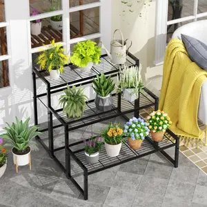 Simple Trending 3 Tier Metal Plant Stand Outdoor Indoor Waterproof, Stackable Heavy Duty Tall Plant Shelf Flower Pot Holder for Garden, Display Rack, Black