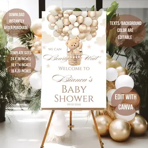 Gender Neutral Bear Balloon Baby Shower Welcome Sign Template Editable We Can Bearly Wait Baby Shower Signage Boho Bear Baby Shower Poster