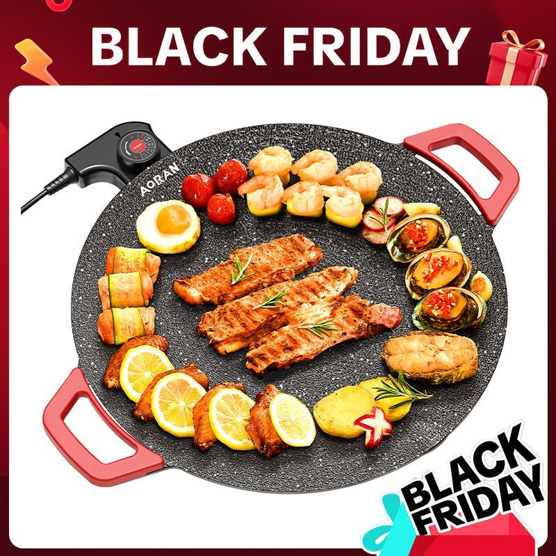 AORAN KITCHEN 1500W Portable Electric Korean BBQ Grill Indoor Smokeless Non-stick Grill Pan Adjustable Temperature Control Universal Fry Griddle for Home Cooking