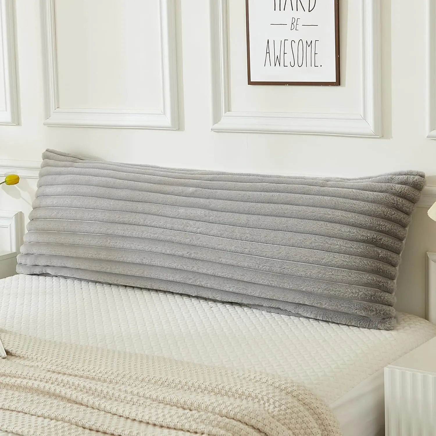 Faux  Fluffy  Pillow Cover Luxury Striped Plush Decorative  Pillowcase, Ultra Soft and Cozy Zipper Closure 21 x 54 Inches, Light Grey