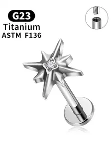 Astm F136 Titanium 16g 18g Sparkling Cz North Star Stud Earring, Labret Ear Cartilage Tragus Helix Conch Lobe Piercing, Punk Style Body Jewelry