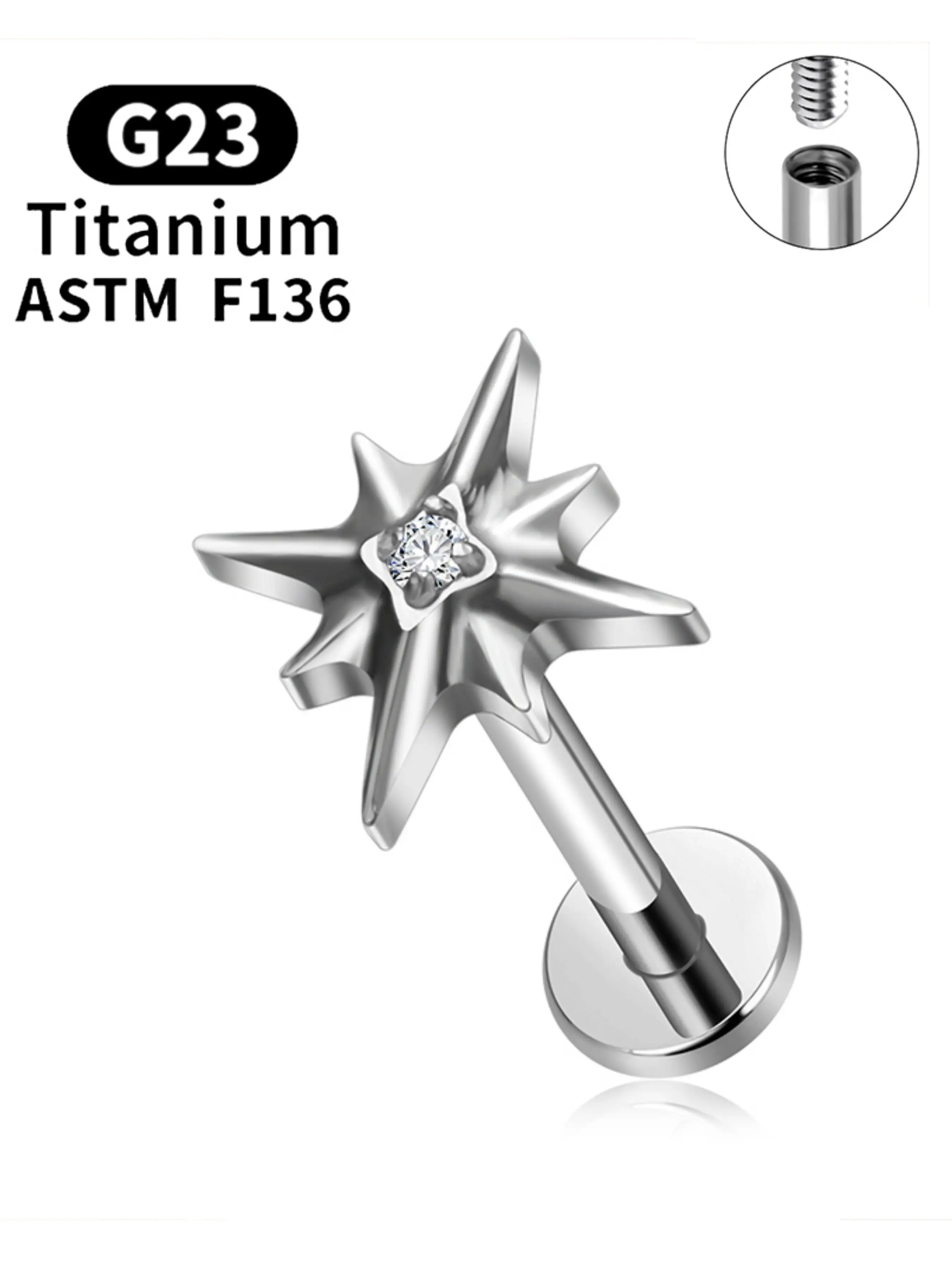 Astm F136 Titanium 16g 18g Sparkling Cz North Star Stud Earring, Labret Studs Ear Cartilage Tragus Helix Conch Lobe Piercing, Punk Style Body Jewelry, Sparkling Zircon Inlay