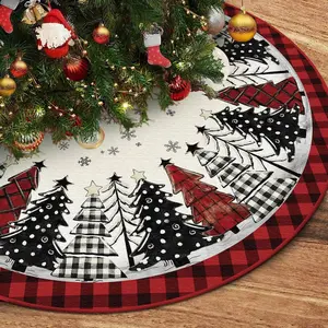 48 Inch Red and Black Buffalo Plaid Xmas Tree Skirt, Winter Christmas Tree Mat for Home Party Holiday Indoor Outdoor Decorations