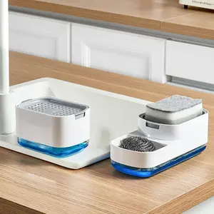 Manual Kitchen Sink Soap Dispenser with Sponge Holder, Press Pump Foam Maker for Dish Washing, Non-Electric Easy Tabletop Cleaning Tool, Soap Container