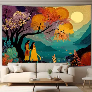 Romantic Lakefront Moonlight Terrace Background Fabric Digital Printed Polyester Wall Tapestry, suitable for living room, bedroom, and party decoration