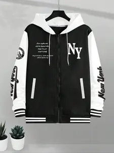 Men's Plus Size Preppy Style Letter Print Baseball Jacket, Long Sleeve Multi-Pocket Design, Casual Fall & Winter Outerwear, Zipper Jacket