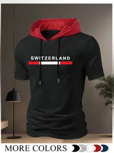 Men’s Switzerland Graphic Short Sleeve Hoodie Tee, Black Body with Red Contrast Hood & Red-White Stripe, Country Pride Casual Top, Moisture-Wick & Breathable Fabric for Travel, Daily & Sports, Graphic Hoodies, Multiple Colors Available