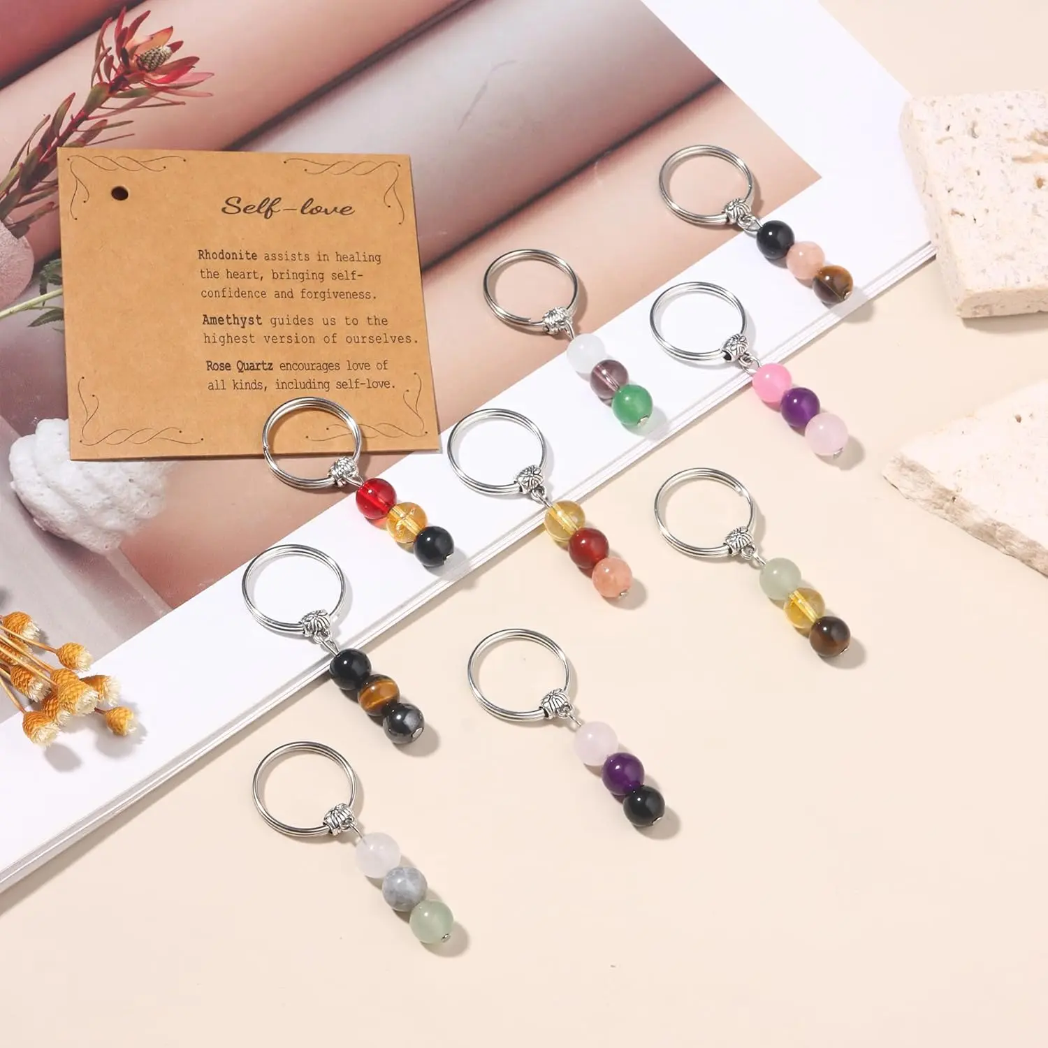 9 Piece Natural Crystal Keychain Set, Beaded Gemstone Charms for Women, Uplifting Self Love & Protection Gift for Graduation, Safe Travels, Uplifting Gift, Positive Vibes Gift Self Love Gift