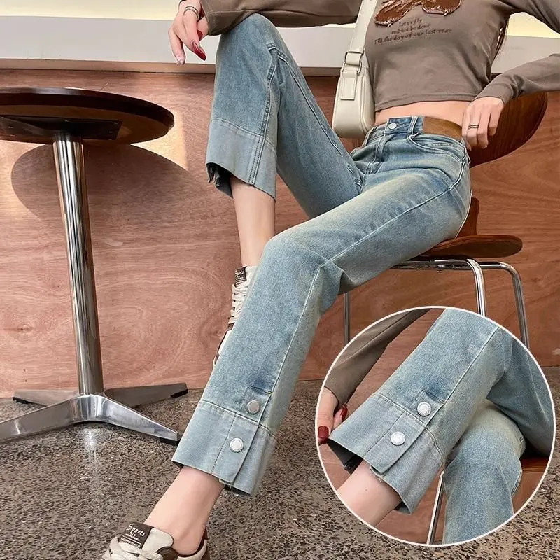 Light Blue Narrow Cigarette Jeans Women 2026 Spring New Small Size Cuffed Nine-Point Baguette Straight Pants