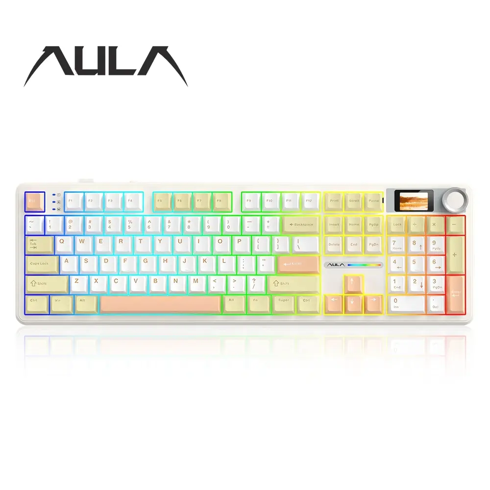 AULA F108 PRO three-mode mechanical gaming keyboard, Rgb backlight keyboard, Lighted keyboard, high-definition smart screen, multi-function knob, 15 RGB lighting effects, all-key hot plug, compatible with Windows/mac/IOS system connection