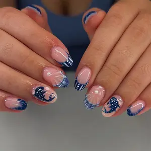 24pcs Medium-Length Almond Fake Nails, Nude Base with Blue French Tips, Nail Art Design, Whale Shark & Shell Design, Easy Wear, Perfect for Summer