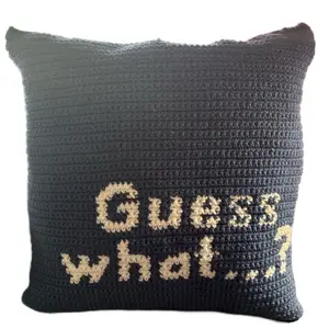 Chicken Butt Throw Pillow with "Guess what...?" Text - Dark Gray Crochet Design