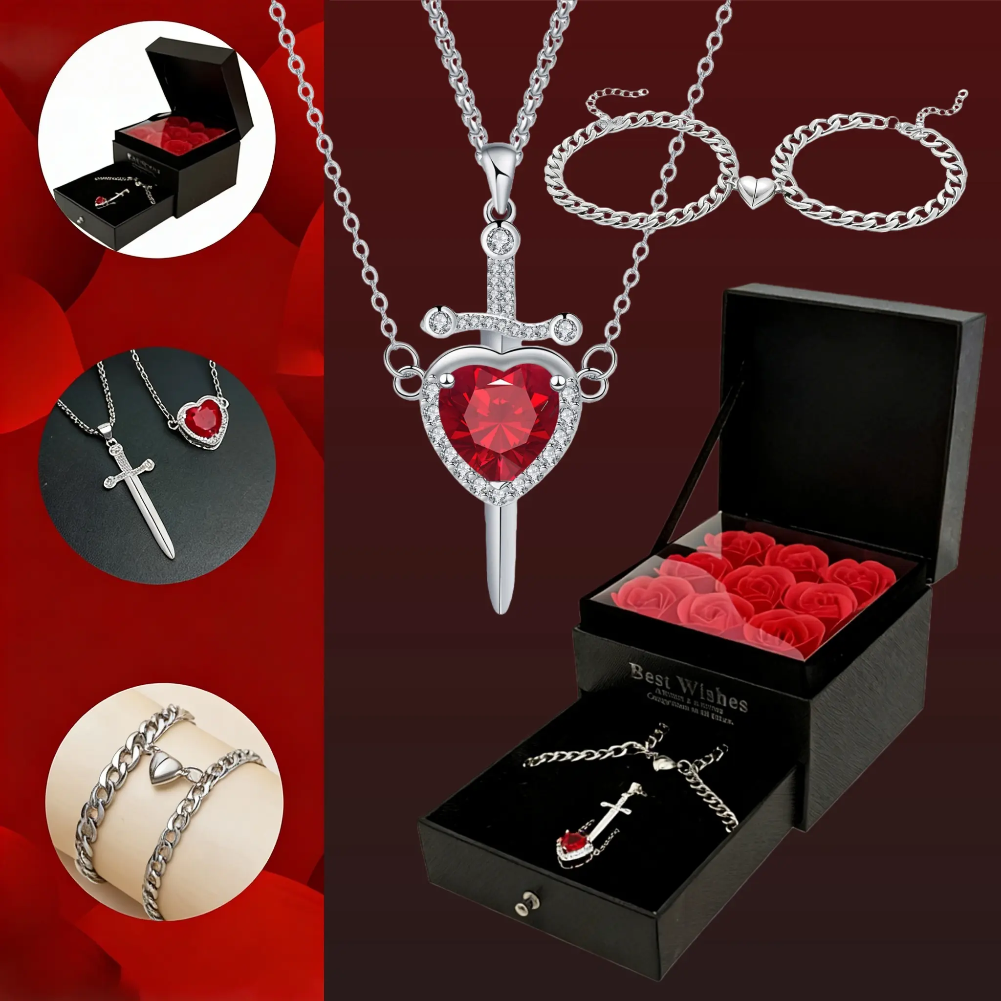 Couple Love Bracelets & Heart and Sword Necklaces, 6-Set Eternal Rose Gift Box Preserved Forever Couple Jewelry Pendant Necklaces & Cuban Heart Bracelets for Wife Girl Friend Women in Birthday Anniversary Valentine's Day