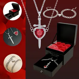 Couple Love Bracelets & Heart and Sword Necklaces, 6-Set Eternal Rose Gift Box Preserved Forever Couple Jewelry Pendant Necklaces & Cuban Heart Bracelets for Wife Girl Friend Women in Birthday Anniversary Valentine's Day