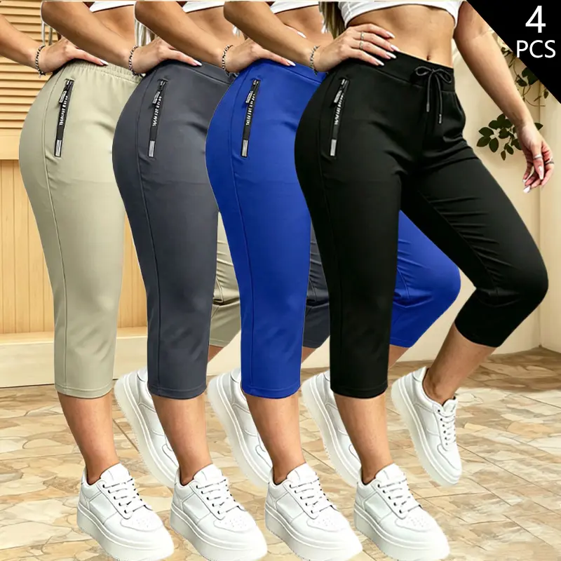 LIFE KEEPS MOVING 4-Pack Women’s Athletic Pants – Ice Silk Lightweight, Breathable Casual Sport Pants with Zipper Pockets, Elastic Waist, Straight-Leg Design
