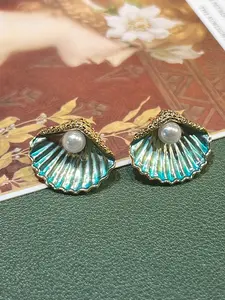 Vintage Enamel Shell Pearl Earrings, Oceanic Gradient Blue Scallop Ear Rings, Minimalist Luxury Elegant Jewelry, Beach Party Accessories