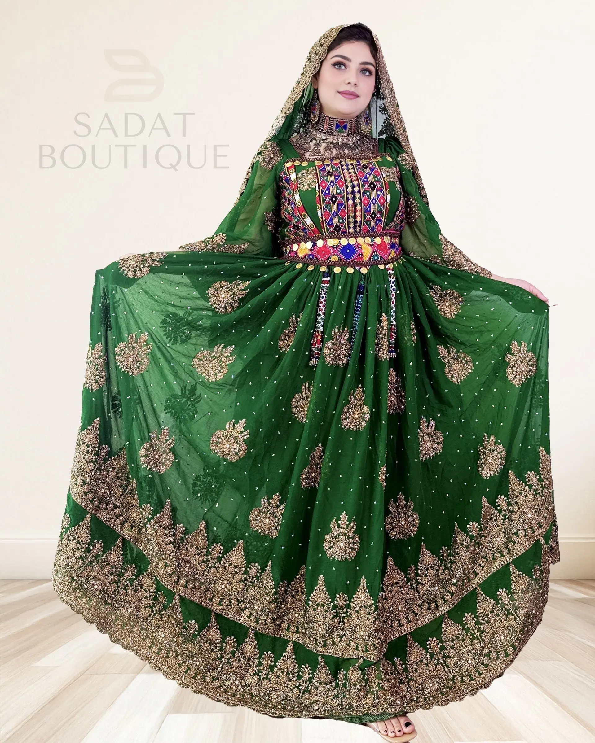 Sadat Boutique Women's Emerald-Gold Afghan Traditional Dress, Embroidered Clothes with Dupatta, Belt and Matching Accessories