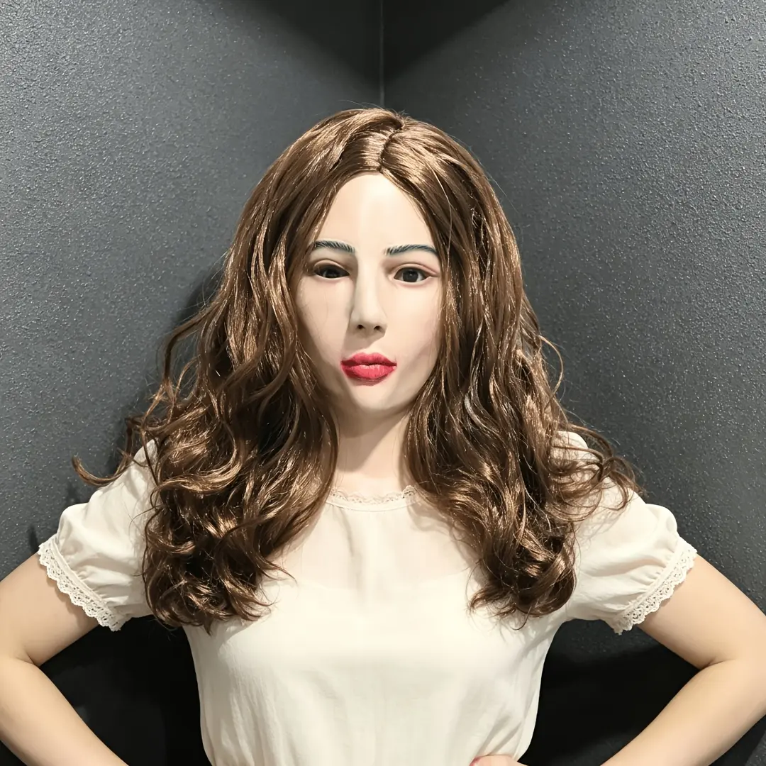 Realistic female latex full head mask with long wavy brown hair, lifelike woman face headgear for TikTok crossdressing transformation skits & viral prank videos