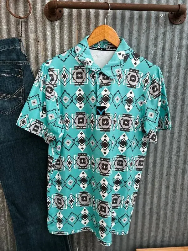 Vexil Brand - The Weekender Aztec Polo {Aqua} Men's Short Sleeve Performance Polo Shirt All Print