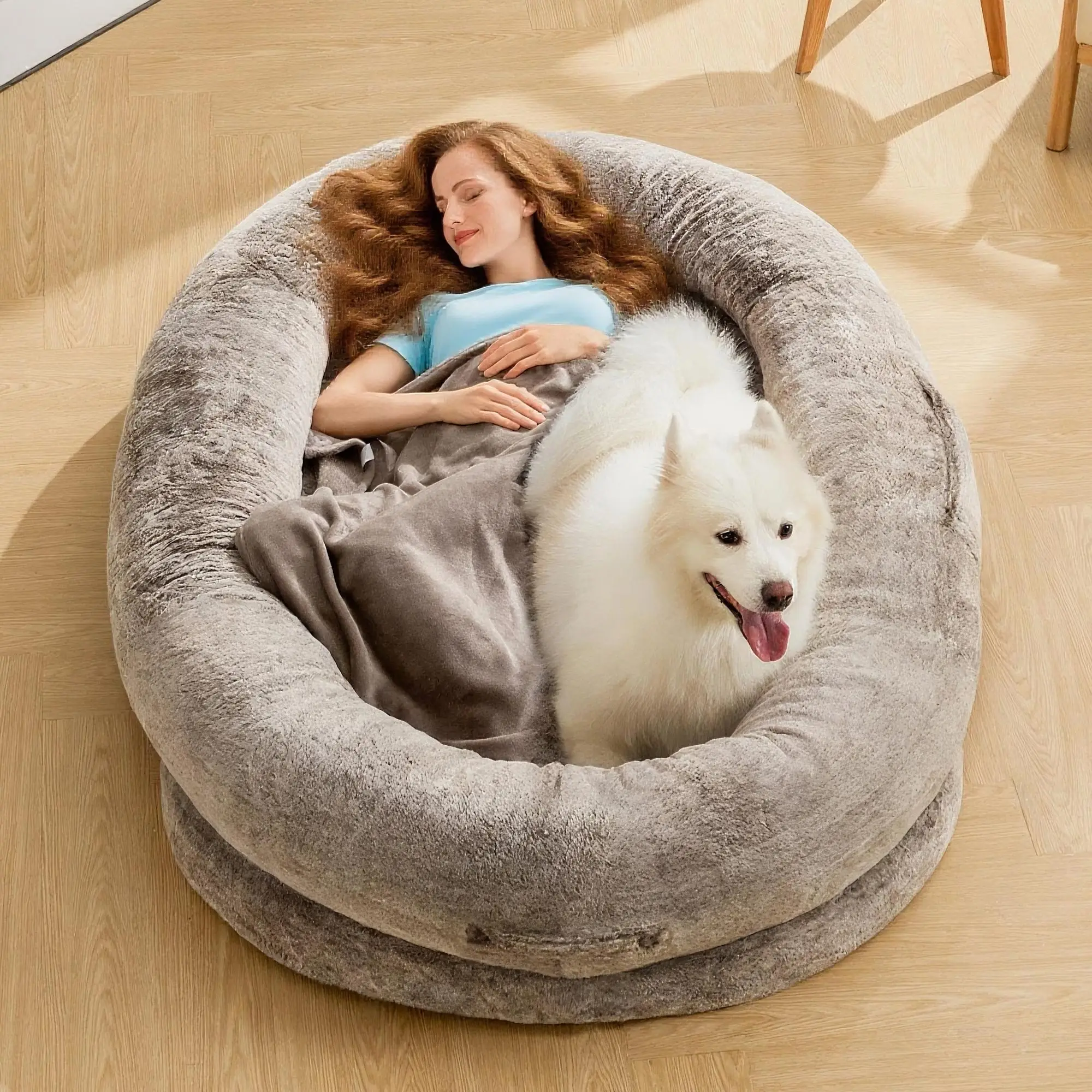 【FallDealsForYou】Cozy XL Human Dog Bed for Adults & Pets – Faux Fur Lounger with Pillow & Blanket, Washable Orthopedic Sofa for Deep Sleep & Relaxatio