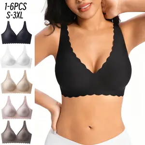 1/2/3/4/5/6PCS Deep V Everyday Bras Jelly Scalloped Comfortable Wireless Bras Wireless Bra  Full Coverage Womens Push Up Bralettes Seamless Tshirts Bras S 3XL