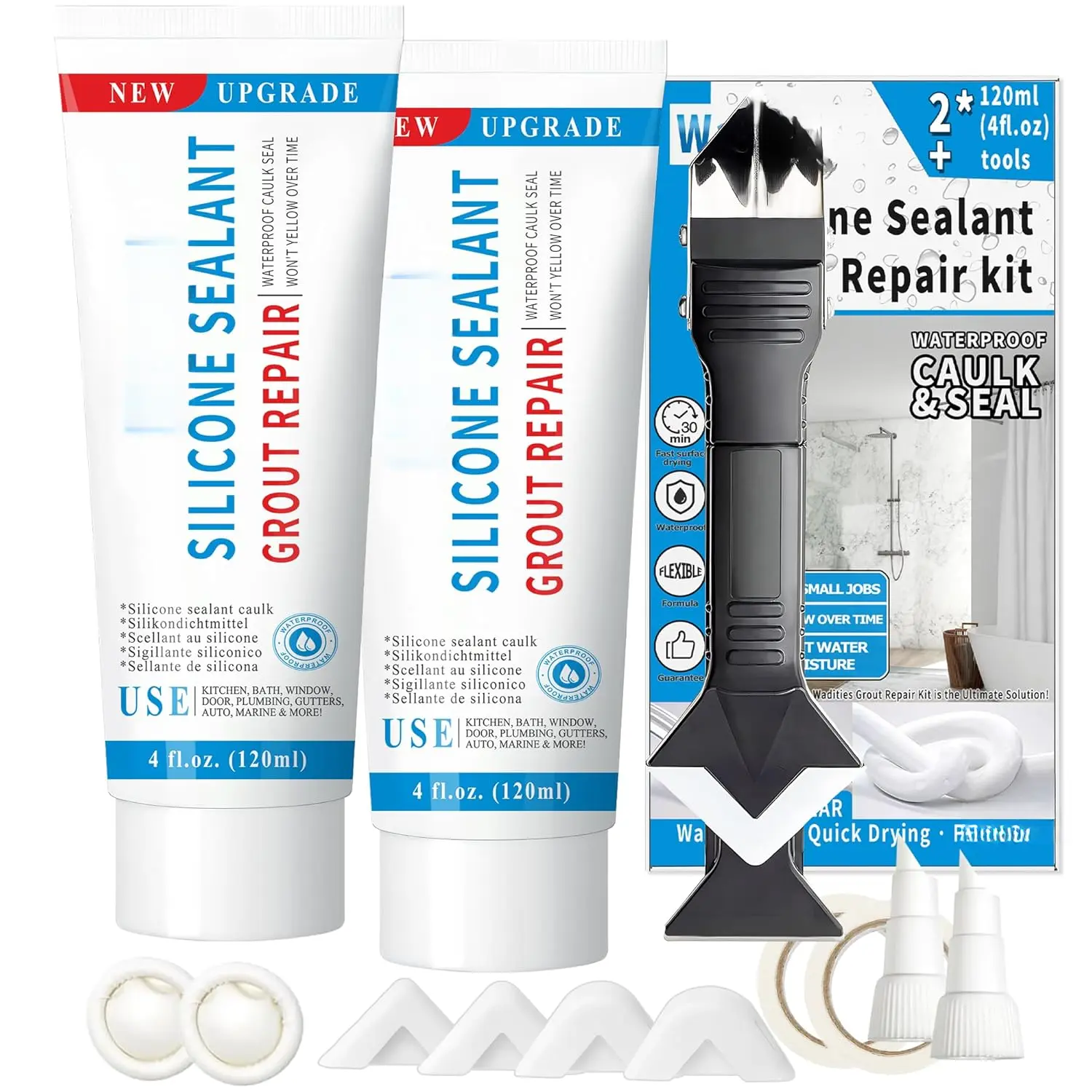 8Oz White  Caulk & Seal  Sealant,  Tile Grout Repair Kit with Grout Remove Scraper, Shrink & Crack Proof for Bathroom, Shower, Kitchen, Floor (4Oz, Pack of 2)